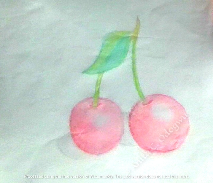 Vibrant oil pencil blending study of a pair of cherries on paper by Anita C. Odogwu